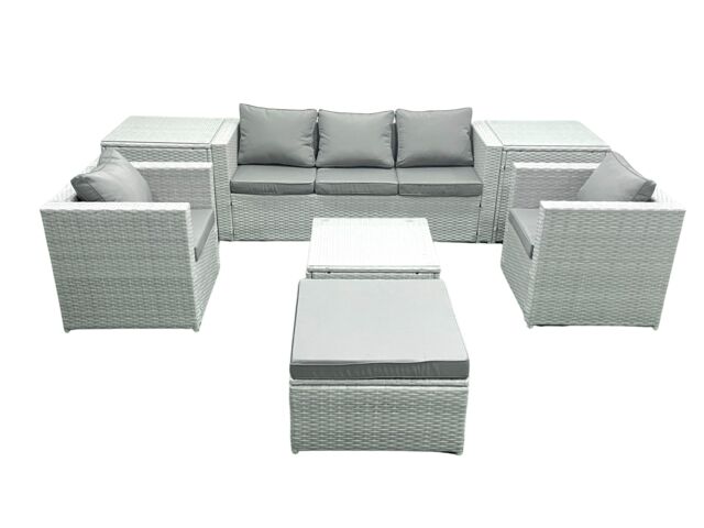 Fimous 6 Seater Rattan Garden Furniture Set with 3 Seater Sofa 2 Chair Square Coffee Table Big Footstool 2 Side Tables Light Grey Mixed - image 1