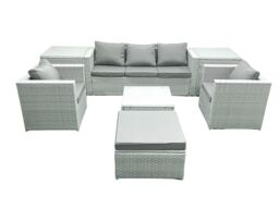 Fimous 6 Seater Rattan Garden Furniture Set with 3 Seater Sofa 2 Chair Square Coffee Table Big Footstool 2 Side Tables Light Grey Mixed - thumbnail 1