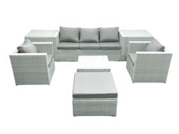 Fimous 6 Seater Rattan Garden Furniture Set with 3 Seater Sofa 2 Chair Square Coffee Table Big Footstool 2 Side Tables Light Grey Mixed - thumbnail 2