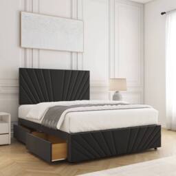 "BSSPOKE Rose Plush Divan Bed 24"" Headboard & Footboard 4 Drawers & Mattress in Black - Size: Super King"