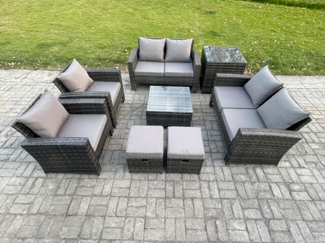 Fimous Rattan Garden Furniture Set 8 Seater Patio Outdoor Lounge Sofa Set with Square Coffee Table Double Seat Sofa Side Table in Dark Grey