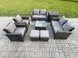 Fimous Rattan Garden Furniture Set 8 Seater Patio Outdoor Lounge Sofa Set with Square Coffee Table Double Seat Sofa Side Table in Dark Grey - thumbnail 1