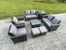 Fimous Rattan Garden Furniture Set 8 Seater Patio Outdoor Lounge Sofa Set with Square Coffee Table Double Seat Sofa Side Table in Dark Grey - thumbnail 2