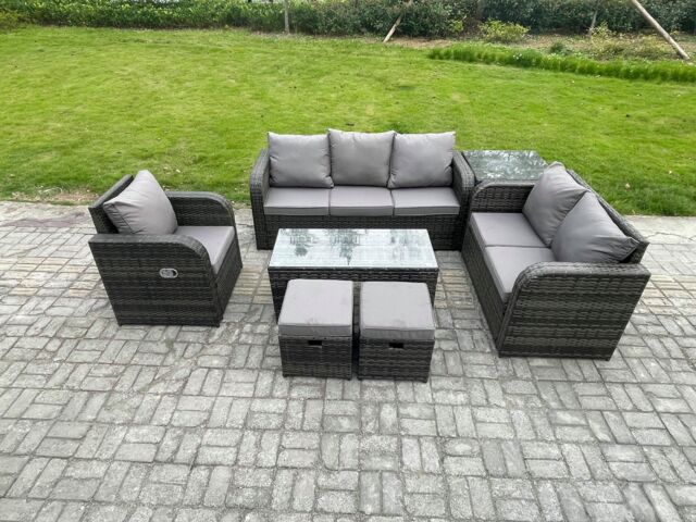 Fimous 8 Seater High Back Rattan Garden Furniture Set with Loveseat Sofa Rectangular Coffee Table Side Table Indoor Outdoor Patio Lounge Sofa Set - image 1