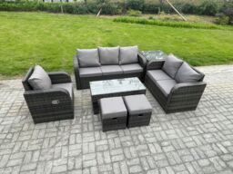 Fimous 8 Seater High Back Rattan Garden Furniture Set with Loveseat Sofa Rectangular Coffee Table Side Table Indoor Outdoor Patio Lounge Sofa Set - thumbnail 2