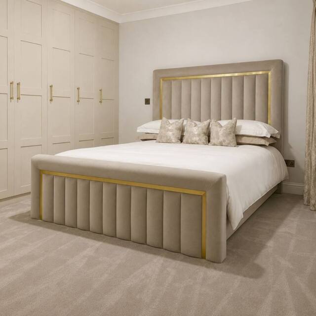 Stratus Interiors Sultan Gold Border Velvet Bed Frame - Slatted Base in Cream - Size: Single - image 1