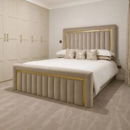 Stratus Interiors Sultan Gold Border Velvet Bed Frame - Slatted Base in Cream - Size: Single - thumbnail 1