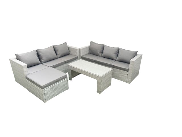 Fimous 7 Seater Garden Outdoor Rattan Furniture Set Rattan Garden Sofa Oblong Coffee Table with Big Footstool Light Grey Mixed - image 1