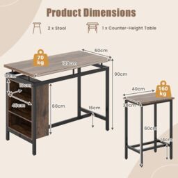 Costway 3Pcs Dining Table Set Counter-Height Dining Table & 2 Bar Stool in Brown - thumbnail 2
