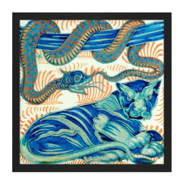 "Artery8 Wall Art Print De Morgan William Serpent Cat Painting Square Framed Picture 16X16 Inch in Black - Size: W16"" x H16""" - image 1