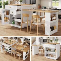 BTM Extendable Bar Table Storage Wine Rack Kitchen Island White 2-6P - thumbnail 1