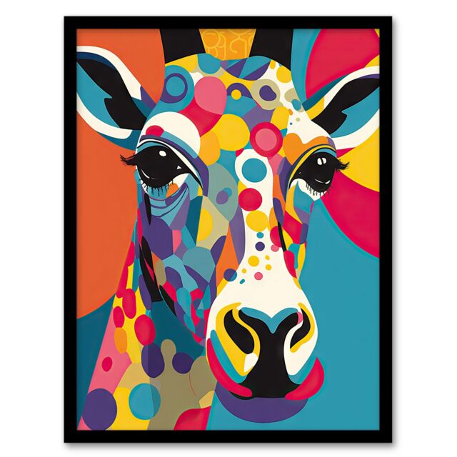 "Artery8 Wall Art Print Colourful Giraffe Graphic Artwork Zoo Animal Geometric Patterns & Shapes Kids Bedroom Painting Art Framed - Size: W12"" x H16""" - image 1