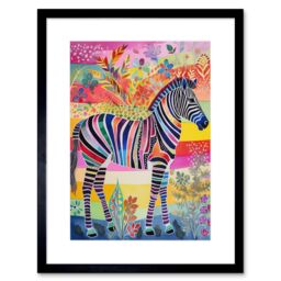 "Artery8 Wall Art Print Zebra Rainbow Floral Abstract Folk Artwork Framed 9X7 Inch in Black - Size: W7"" x H9""" - thumbnail 1