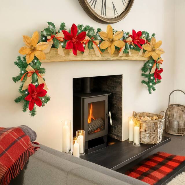 Marco Paul 9ft Pre Lit Christmas Garland With Bows, Flowers & Lights in Green - image 1