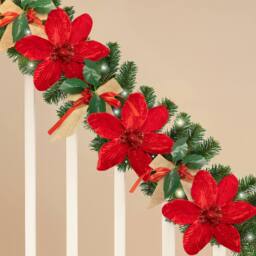 Marco Paul 9ft Pre Lit Christmas Garland With Bows, Flowers & Lights in Green - thumbnail 4