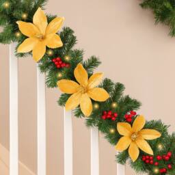 Marco Paul 9ft Pre Lit Christmas Garland With Bows, Flowers & Lights in Green - thumbnail 8