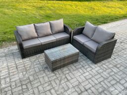 Fimous 5 Seater Rattan Wicker Garden Furniture Patio Conservatory Sofa Set with Rectangular Coffee Table 3 Seater Sofa Love Sofa in Dark Grey - thumbnail 1