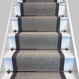 RainbowHome Herringbone Java Stair Runner with 100% Cotton Grey Border 50cm x 650cm in White - Size: 55 cm x 700 cm - thumbnail 1