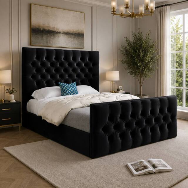 Casani Portmeirion Upholstered Black Soft Velvet Designer Bed Frame - Size: Small Single - image 1