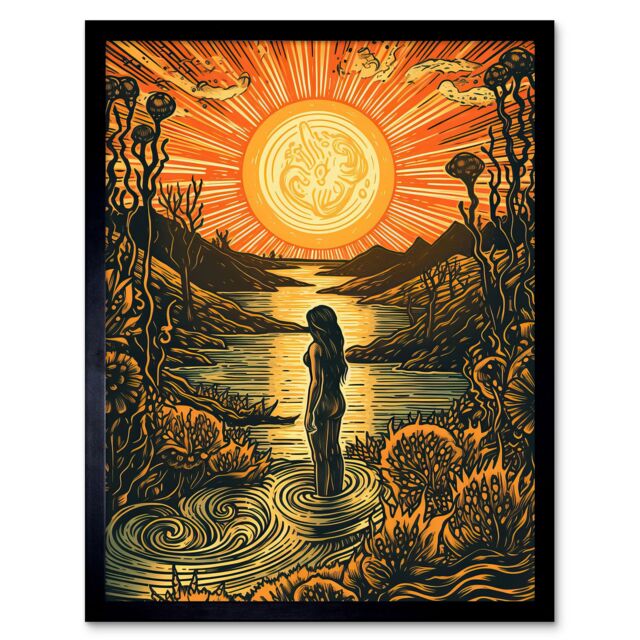 "Artery8 Wall Art Print Woman Bathing in Creek at Sunset Modern Linocut Art Framed in Black - Size: W12"" x H16""" - image 1