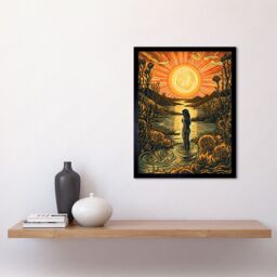 "Artery8 Wall Art Print Woman Bathing in Creek at Sunset Modern Linocut Art Framed in Black - Size: W12"" x H16""" - thumbnail 2