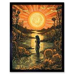 "Artery8 Wall Art Print Woman Bathing in Creek at Sunset Modern Linocut Art Framed in Black - Size: W12"" x H16""" - thumbnail 1