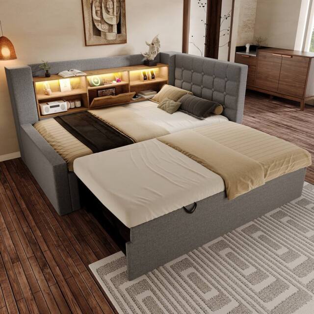 Merax Upholstered Single Daybed with Trundle Storage Headboard & Charging in Grey - image 1