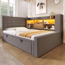 Merax Upholstered Single Daybed with Trundle Storage Headboard & Charging in Grey - thumbnail 9