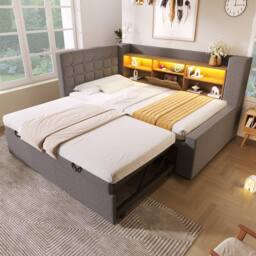 Merax Upholstered Single Daybed with Trundle Storage Headboard & Charging in Grey - thumbnail 8
