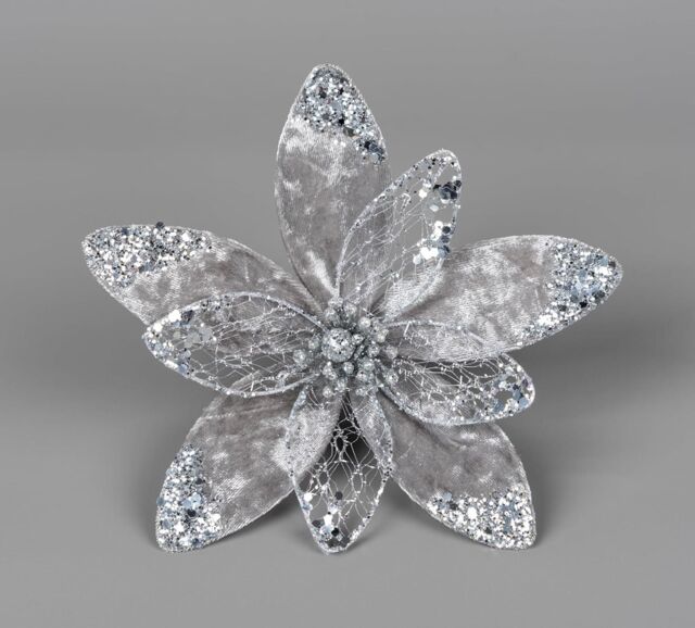 Shatchi 20cm Silver Poinsettia Poinsettia Flower - 6Pcs Christmas Tree Decorations