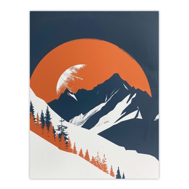 "Artery8 Abstract Winter Crescent Moon Mountain Landscape Wall Art Print in Orange - Size: W24"" x H32""" - image 1