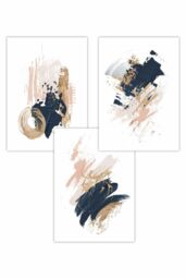 ARTZE Set of 3 Abstract Navy Blue Pink & Gold Oil Strokes Art Posters - Size: W50 cm x H70 cm - thumbnail 1