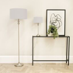 ValueLights Maggie Brushed Chrome Candlestick Floor Lamp with Fabric Shade with LED Bulb in Grey - thumbnail 4