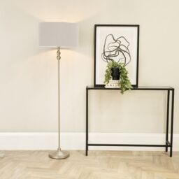 ValueLights Maggie Brushed Chrome Candlestick Floor Lamp with Fabric Shade with LED Bulb in Grey - thumbnail 1