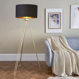 ValueLights Modern Gold Hairpin Design Tripod Floor Lamp With Black Gold Drum Shade - thumbnail 2