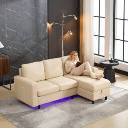 Matteo L-Shaped Sofa Bed with Storage, USB & LED - 3 Seater, Beige - thumbnail 1
