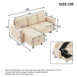 Matteo L-Shaped Sofa Bed with Storage, USB & LED - 3 Seater, Beige - thumbnail 3