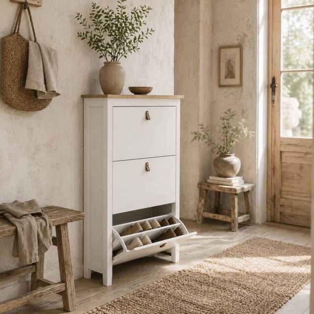 Wyld Haus Makeve 3 Drawer Shoe Cabinet White & Oak Effect Tilt Out Storage - image 1