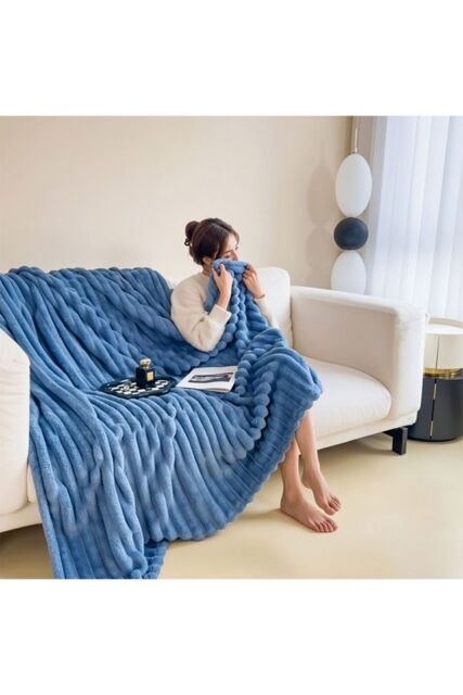 Living and Home Reversible Fluffy Striped Throw Blanket in Blue - Size: Large - image 1