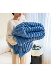 Living and Home Reversible Fluffy Striped Throw Blanket in Blue - Size: Large - thumbnail 9
