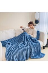 Living and Home Reversible Fluffy Striped Throw Blanket in Blue - Size: Large - thumbnail 4