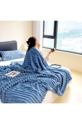 Living and Home Reversible Fluffy Striped Throw Blanket in Blue - Size: Large - thumbnail 3