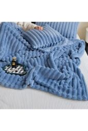 Living and Home Reversible Fluffy Striped Throw Blanket in Blue - Size: Large - thumbnail 8