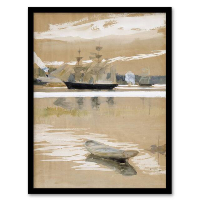 Artery8 Albert Edelfelt Seascape View From the Pier Framed Wall Art Print in Brown - Size: A4 - image 1
