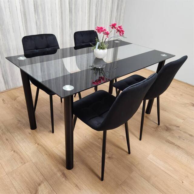 KOSY KOALA Black Glass Dining Set With 4 Black Velvet Chairs For Dining Room - image 1