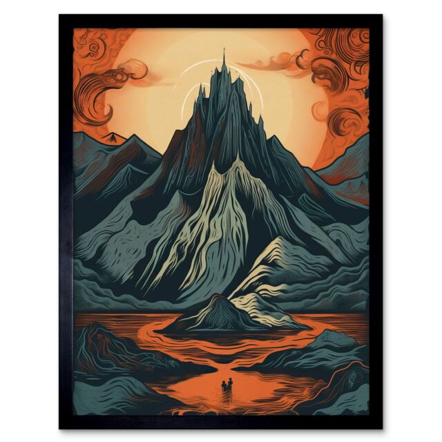 "Artery8 Wall Art Print Erebor The Lonely Mountain Landscape Art Framed in Black - Size: W12"" x H16""" - image 1