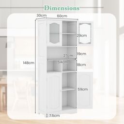 Gymax Freestanding Bathroom Tall Cabinet With Glass Doors Adjustable Shelves in White - thumbnail 2