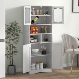 Gymax Freestanding Bathroom Tall Cabinet With Glass Doors Adjustable Shelves in White - thumbnail 4