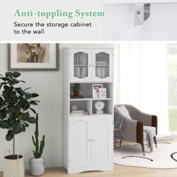 Gymax Freestanding Bathroom Tall Cabinet With Glass Doors Adjustable Shelves in White - thumbnail 6