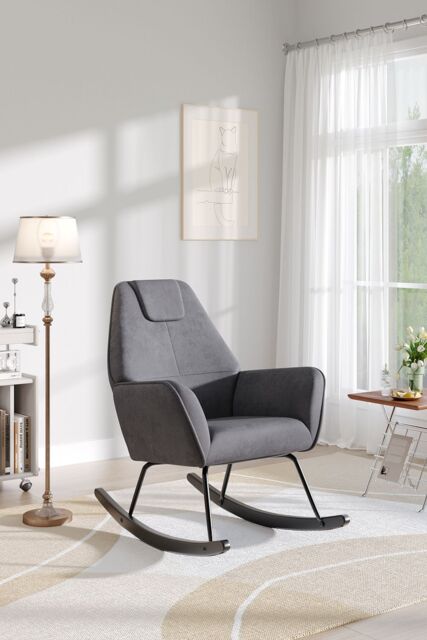 H&O Direct Comfy Upholstered Rocking Chair for Nursery with Black Legs in Grey - image 1